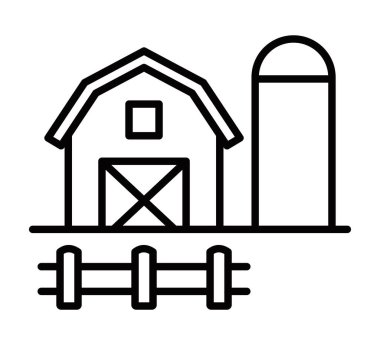 Silosu ve çiti olan bir ahır. Vektör çizimi. Düzenlenebilir vuruş