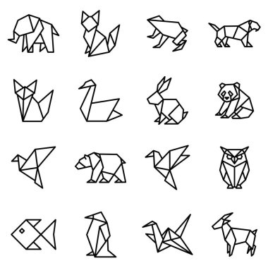 Origami tarzı hayvanlar sanata göre dizilmiş. Vektör çizimi. Düzenlenebilir vuruş