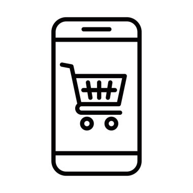 Alışveriş arabalı cep telefonu. Vektör çizimi. Düzenlenebilir vuruş