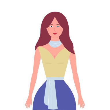 Sarı bluzlu ve mavi etekli bir kadın beyaz bir arka planın önünde duruyor. Boynunda mavi bir eşarp var.