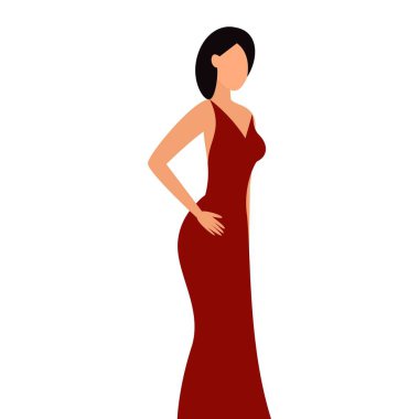 Kırmızı gece elbisesi giymiş zarif bir kadının temsilcisi.