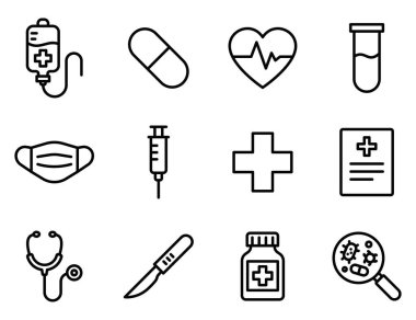 Kalp, maske, hap gibi doğrusal tıbbi ikonlar. Düzenlenebilir vuruş