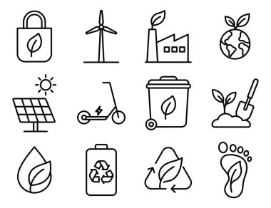 Sürdürülebilirlik temaları için doğrusal eko simgelerinin toplanması. Düzenlenebilir vuruş