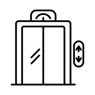 Yukarı ve aşağı okları ve cam kapıları olan asansör. Vektör simgesi. Düzenlenebilir vuruş