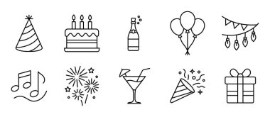 Bir parti için siyah beyaz ikonlar. Düzenlenebilir Vuruş