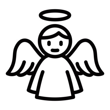 Melek şeklinde bir halesi olan siyah beyaz bir melek çizimi. Melek gülümsüyor ve şaşırmış bir ifadesi var. Düzenlenebilir Vuruş