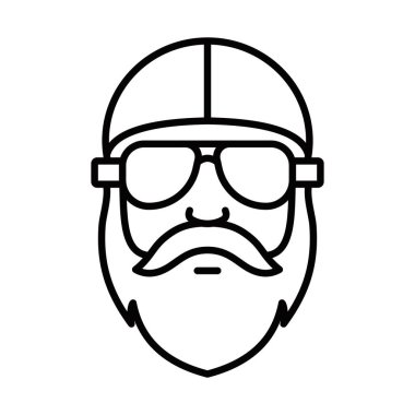 Bıyıklı ve güneş gözlüklü bir adam. Deri ceket ve kask giyiyor. Motosikletçiye benziyor. Düzenlenebilir Vuruş