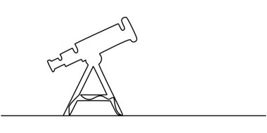 Devamlı teleskop çizimi. Teleskopun bir çizimi. Dünya Uzay Günü konsept çizgisi. Düzenlenebilir özet, Teleskop Simgesinin Sürekli Çizimi. El Çizimi Sembol Vektörü İllüstrasyonu.