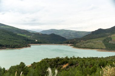 Geniş ve geniş bir göl, dingin bir ormanın derinliklerine kurulmuş yüksek dağların ve yemyeşil ağaçların arasına kurulmuştur.