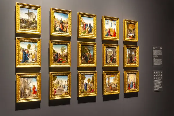 Bir sanat müzesinin içindeki bir duvara zarif bir şekilde asılmış güzel bir sıra resim yaratıcılık ve yetenek sergiliyor.