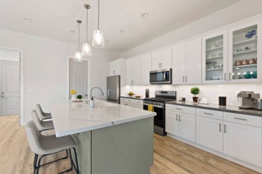 Zarif beyaz dolaplarla süslü, paslanmaz çelik aletlerle donatılmış modern bir mutfak çağdaş ve şık bir görünüm yaratıyor.