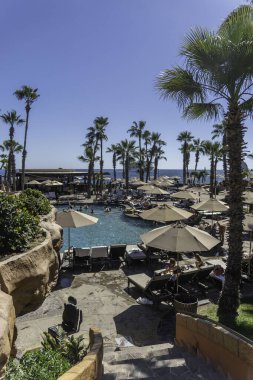 Güneşli Meksika 'da, açık mavi gökyüzünün altındaki canlı havuz kenarında rahatlama ve rahatlama. Yüksek kalite fotoğraf