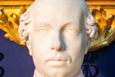 Bu, seçkin bir adamın dikkat çekici bir heykelini, ustalıkla hazırlanmış bir bıyıkla çeken, karmaşık bir yakın çekim görüntüsü.