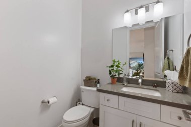 Tuvalet gibi temel unsurları barındıran bir banyo, el yıkamak için bir lavabo ve tımar amaçlı bir ayna.