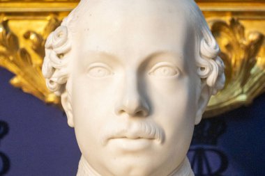 Bu, seçkin bir adamın dikkat çekici bir heykelini, ustalıkla hazırlanmış bir bıyıkla çeken, karmaşık bir yakın çekim görüntüsü.