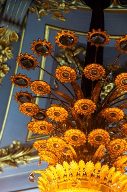 Güzel bir demet canlı sarı çiçek zarif bir şekilde tavandan sarkıyor, uzaya biraz renk ve cazibe katıyor.