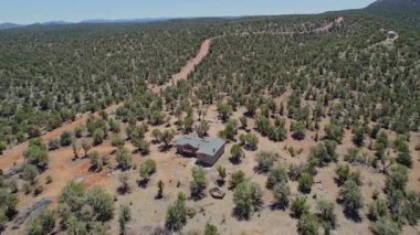 Bu etkileyici bir hava manzarası. Doğayla çevrili güzel, yoğun bir ormanın göbeğinde yuva yapmış büyüleyici bir ev.