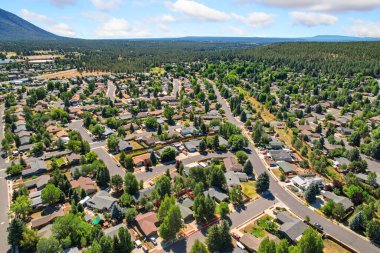 Geniş bir hava manzarası sayısız ağaç ve güzel evlerle dolu güzel bir yerleşim yerini gösteriyor.