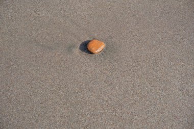 Küçük bir kaya kumun üzerinde oturuyor. Kaya kahverengi ve kalp şeklinde. Kaya sahilde tek başına otururken görüntüde sakin ve huzurlu bir hava var.