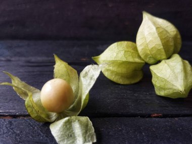 Physalis angulata veya siyah ahşap masada altın çilek. 