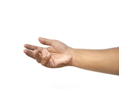 İnsan eli jesti beyaz arkaplanda izole olarak uzatıldı 