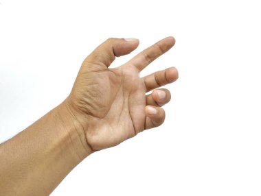 Beyaz arkaplanda insan eli jesti var.