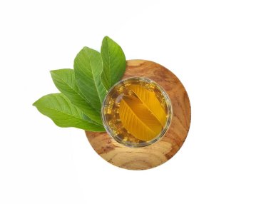Guava yaprağı cam ve taze guava yapraklarında su kaynattı. Sağlıklı içki yaşam tarzı. Üst görünüm 