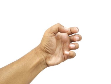 Asyalı erkek el hareketi beyaz arka planda izole edilmiş bir şey tutuyor.