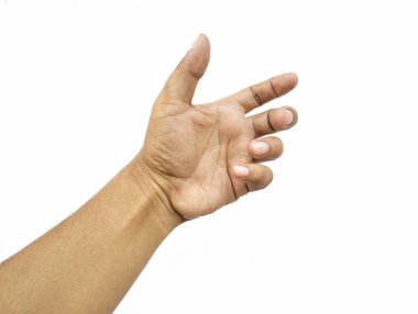 Asyalı erkek el hareketi beyaz arka planda izole edilmiş bir şey tutuyor.