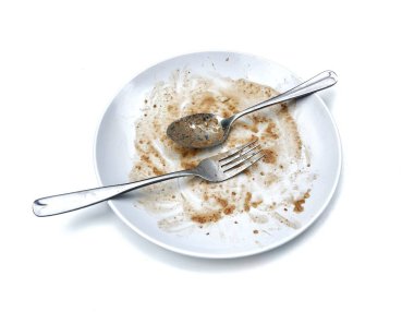 Kirli beyaz tabak, yemek artıkları, çatal ve kaşıkla beyaz arka planda izole edilmiş.