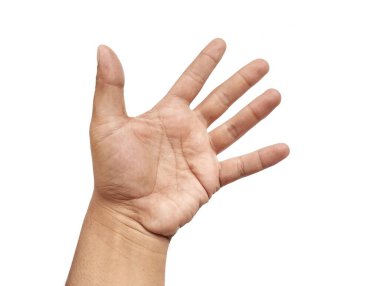 Asyalı adamın el hareketi beyaz arka planda izole edilmiş. 