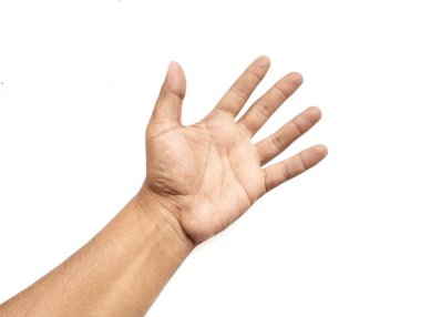 Asyalı adamın el hareketi beyaz arka planda izole edilmiş. 