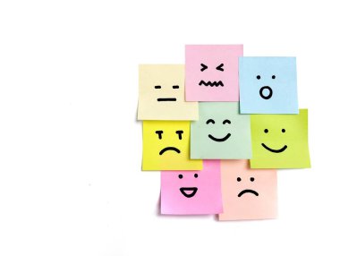 Mutlu, tarafsız, üzgün ve kızgın emoji renkli yapışkan kağıt üzerinde. Akıl sağlığı konsepti, ruh hali değişimleri, depresyon ve bipolar bozukluk. Boşluğu kopyala