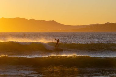 Altın dalgalarda gün batımında sörfçü. Yüksek kalite fotoğraf