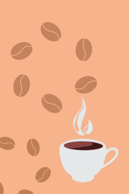 Kahve fincanı arka planında kahve çekirdekleri serpiştirilmiş.