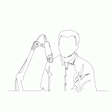 Beyaz arka planda mikrofon önünde konuşan bir adamın çizim çizimi