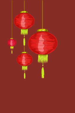 Koyu kırmızı arka planda bulut süslemeli kırmızı fener ışıkları.