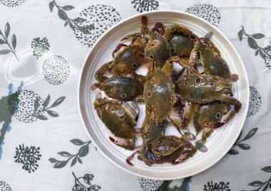 Bir tabak çiğ deniz yengeci.