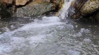 Su küçük bir nehirde kayaların arasından akıyor.