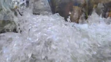 Su küçük bir nehirde kayaların üzerinden akıyor.