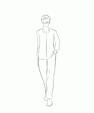 Beyaz arka planda yürüyen gözlüklü genç adam tasviri.