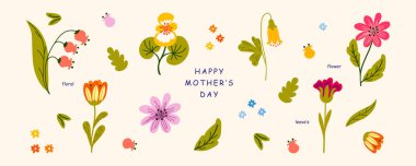 Anneler Günün kutlu olsun. Şakayık çiçeği, gül, bitki, buket, desen, yaprak, tebrik kartı, mercan arkaplan, davetiye veya afiş için vektör gouache modern sevimli illüstrasyon