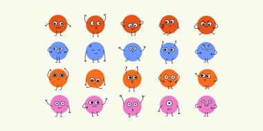 Duyguları olan karikatür yüzleri, modası geçmiş çizgi roman karakterleri. Elle çizilmiş yuvarlak vektör yüzleri etiketleri