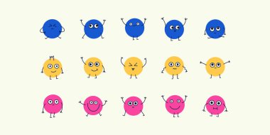 Duyguları olan karikatür yüzleri, modası geçmiş çizgi roman karakterleri. Yapıştırmalar el çizimi yuvarlak vektör yüzleri 2