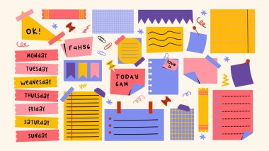 Çizgi film kağıtları, ofis formları. Yapışkan çıkartmalar hatırlatıcılar, defter küpürleri, yapılacaklar listesi, okul kırtasiyesi, planlayıcı, kağıt üzerinde hatırlatıcılar. Retro karalama ile yama vektör kümesi 