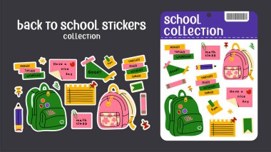 Okul etiketlerine geri dön. Sırt çantaları, okul eşyaları, kırtasiye malzemeleri, eski moda çizgi film tarzında not defterleri. Çalışma için vektör şekilleri, okul, üniversite etiketleri  