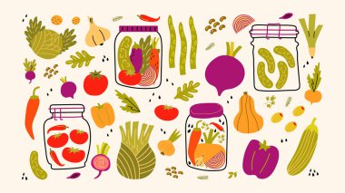 Kavanozlara konserve sebze koy. Ev yapımı turşu, kış için hasat. Konteynırlarda sebze ve baharatlar var. Çizgi film ürünleri, çıkartmalar.