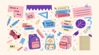 Okul etiketlerine geri dön. Sırt çantaları, okul eşyaları, kırtasiye malzemeleri, eski moda çizgi film tarzında not defterleri. Öğrenim, okul ve üniversite için vektör şekilleri 