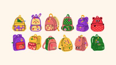 Okul çantalarını ve çantalarını hazırla. Okul malzemeleriyle dolu çocuk çantaları, kırtasiye malzemeleri, elle çizilmiş defterler. Doodle çıkartmaları okula geri döndü.