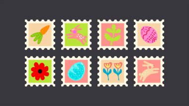 Mutlu Paskalya posterleri koleksiyonu. Bahar elementleri, tavşanlar, yumurtalar, Hristiyan bayramı, Paskalya sepetleri, çiçekler. Quare sancakları posta pulları. Asit hippi şekilleri.